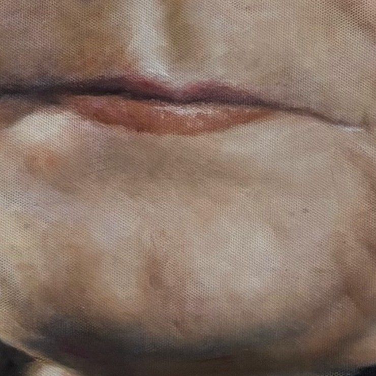 Close-up of the hand-painted portrait: the skin tones around the mouth and jaw