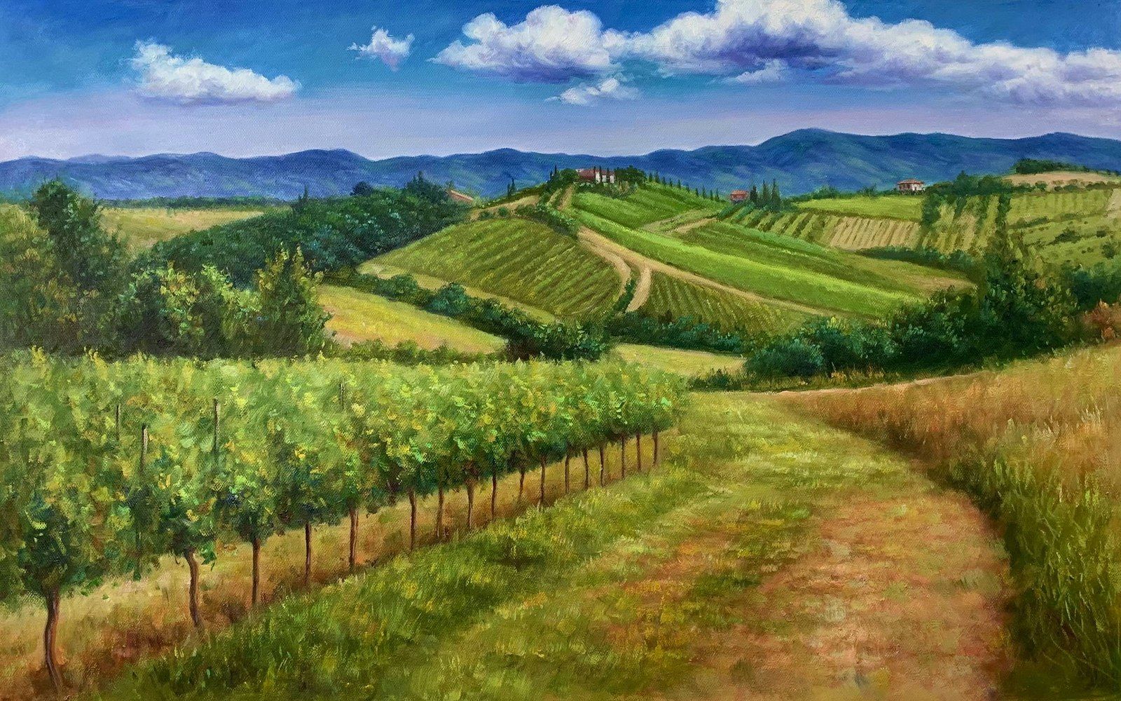A hand-painted painting of a path through a vineyard, painted from a photograph