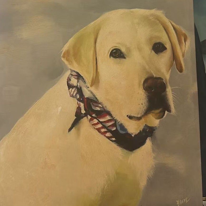 Hand-painted portrait of a Labrador Retriever, showing the breed's coat and expression