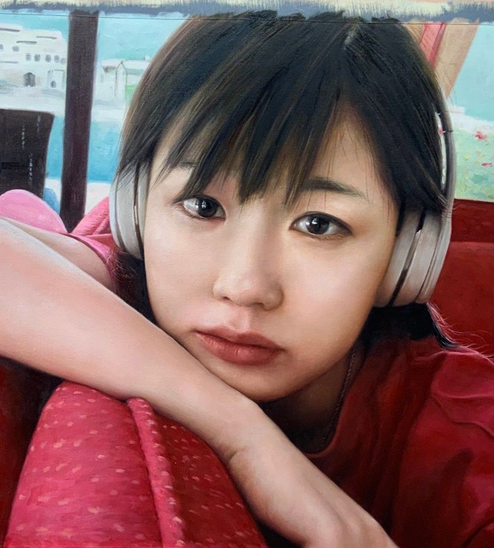 Hand-painted portrait of a girl wearing headphones, resting her chin on her folded arms against a red seat.