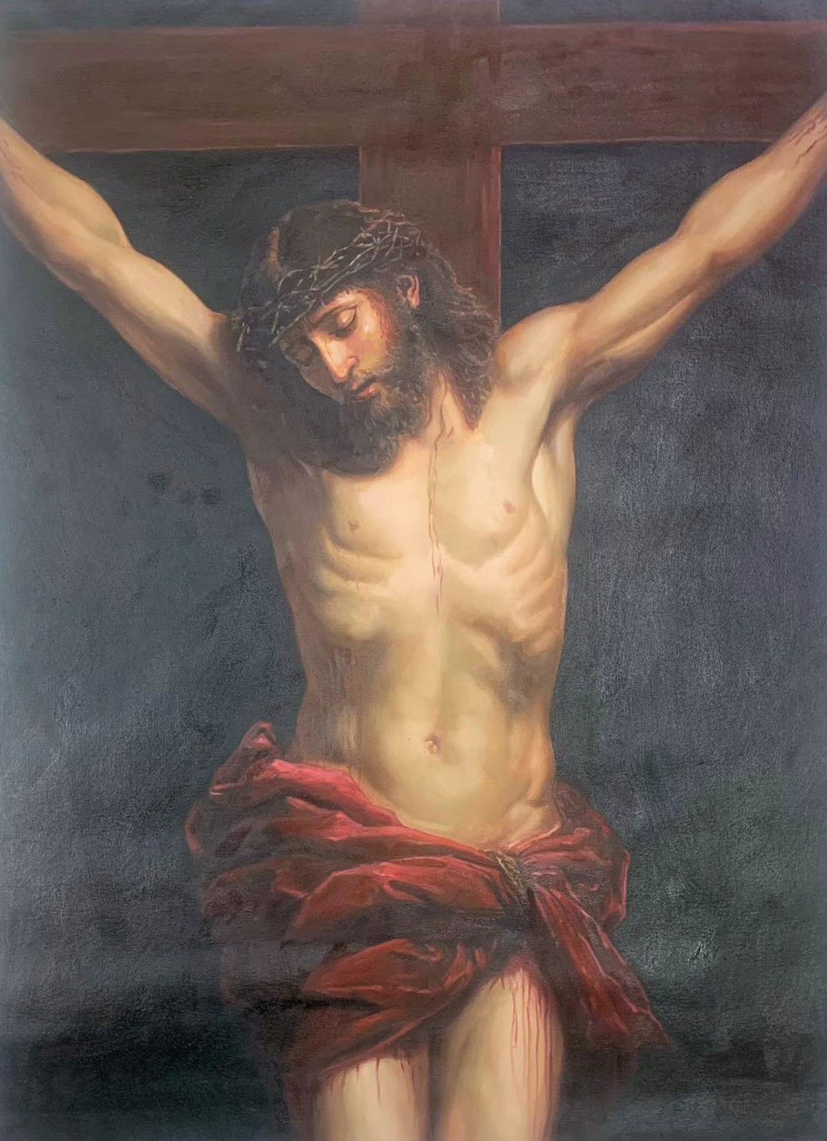 A painted study of Christ on the cross against a subdued background.