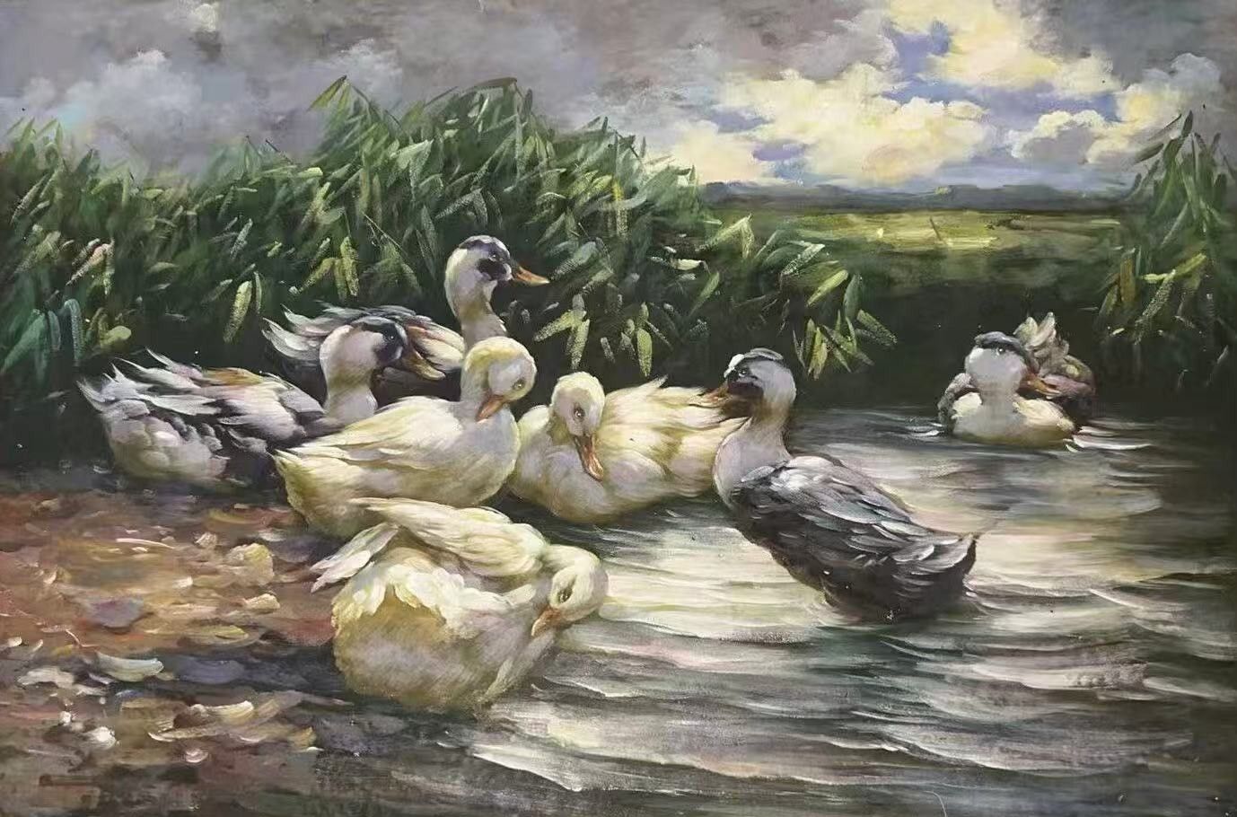 Hand-painted picture of seven ducks resting and swimming at the edge of a pond, with reeds behind and a cloudy sky above.