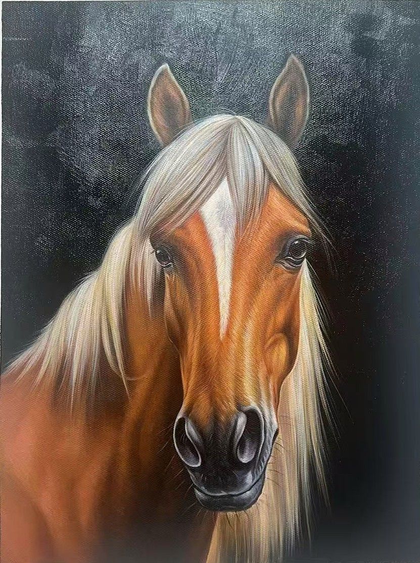 A golden horse head with a pale flowing mane against a dark background.