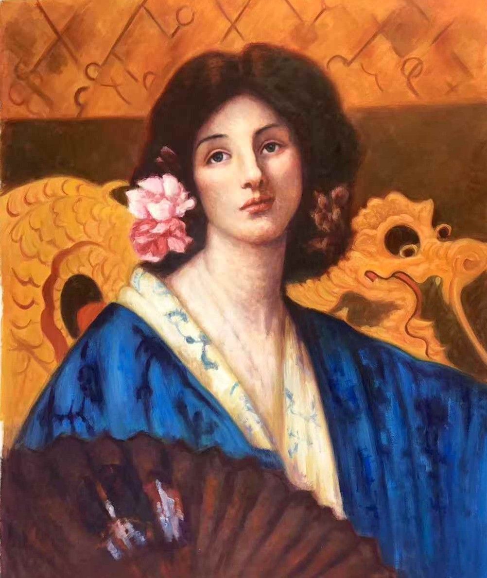 A woman in blue holding a fan against an orange patterned background.
