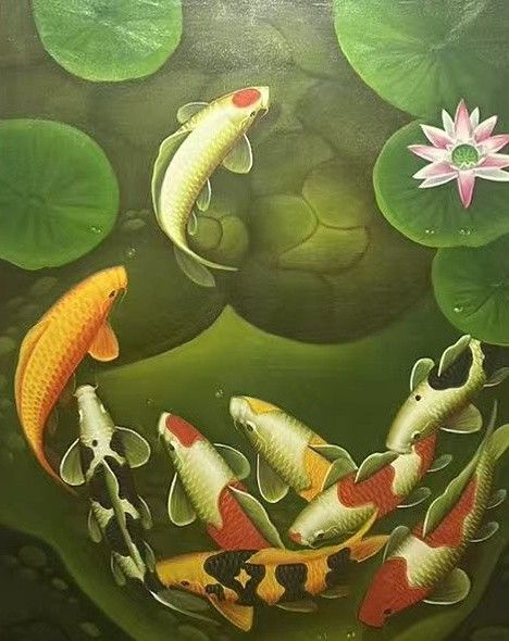 Colorful koi circle among lily pads and a pink lotus in this vertical pond painting.