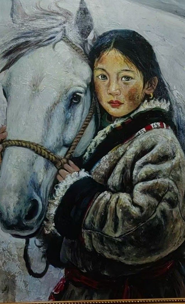 A young woman in traditional clothing stands beside a white horse in a detailed portrait.