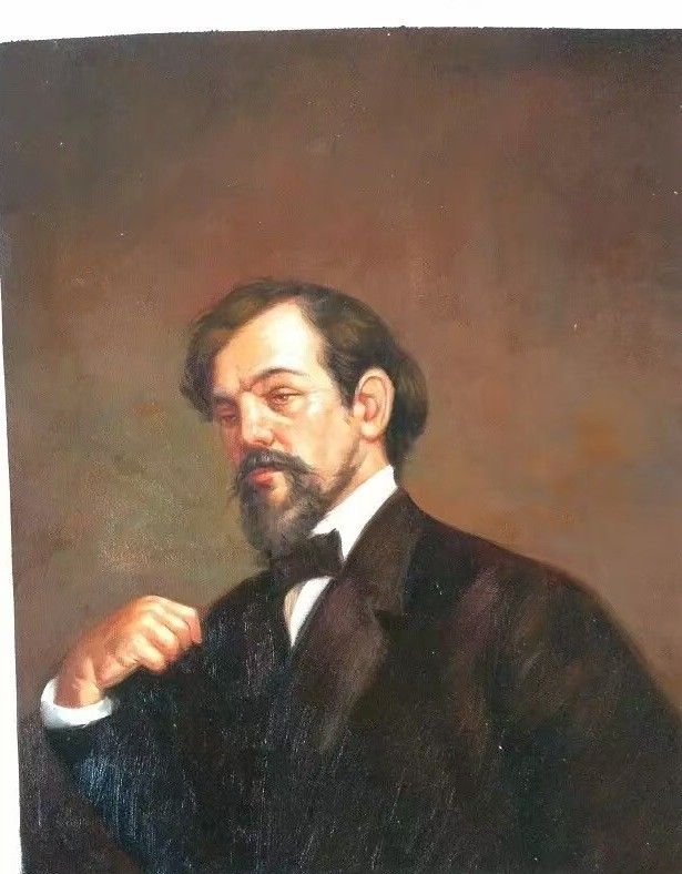 Hand-painted portrait of a bearded man in a black coat and bow tie, one hand raised towards his lapel.