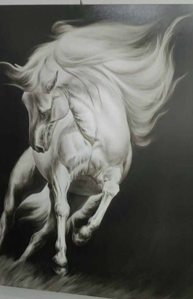 A white horse charges forward against a deep charcoal ground, its mane swept back by motion.