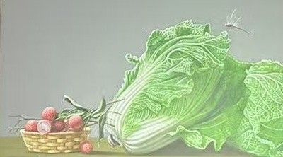 A luminous green cabbage and a basket of radishes form a still life on a pale horizontal ground.
