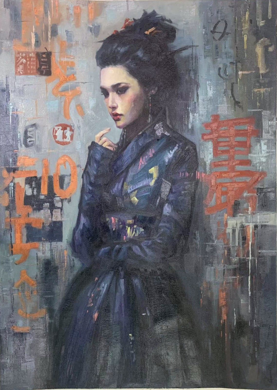 A dark-haired decorative figure in a patterned robe against a graphic background.