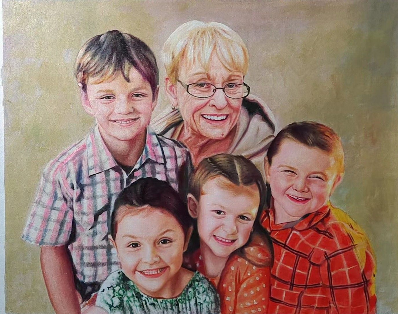 A grandmother smiling with four children gathered closely around her.
