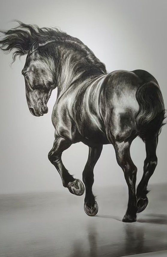 A black horse gallops across a pale ground, rendered with reflective highlights and flowing mane.