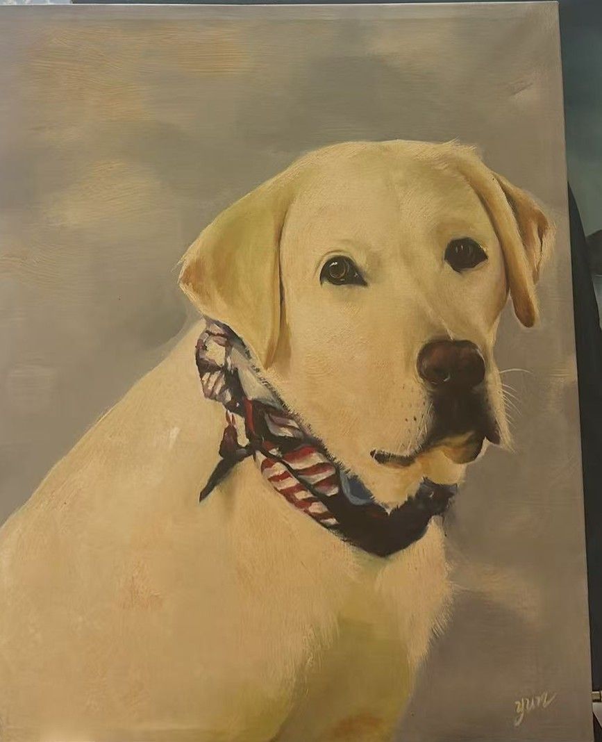 Hand-painted portrait of a yellow labrador lying on a wooden floor, painted from a photograph