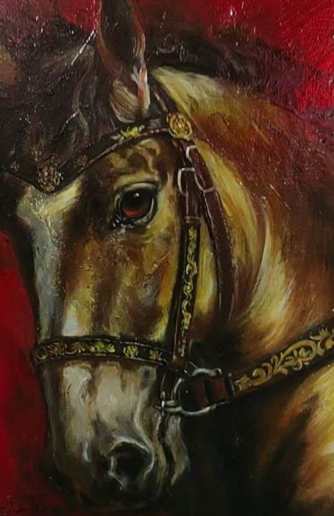 A horse head with ornate tack stands against a vivid red and dark painted ground.