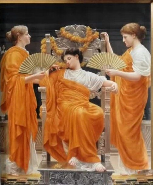 Three classically dressed women in warm drapery within an ornate gold frame.