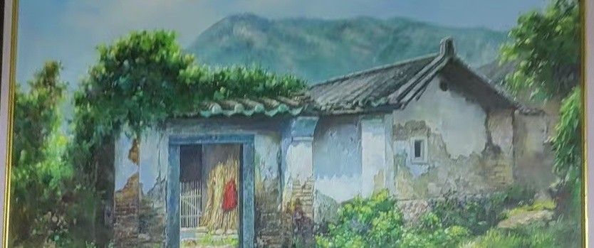 A stone cottage and mountain ridge sit among lush greenery in a landscape painting.